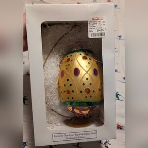 Vintage European Glass Easter Egg With Display Stand, Handmade In Poland